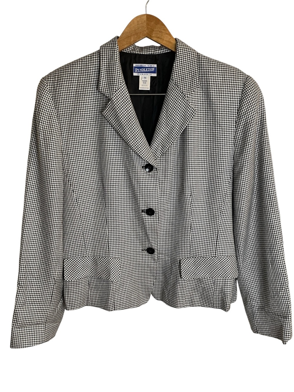 Pendleton Black & White Houndstooth Blazer Jacket Rayon Silk Blend Size 16